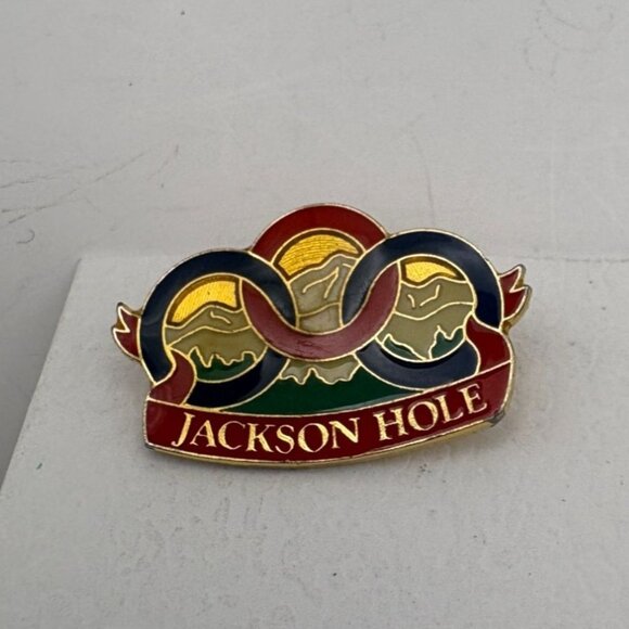Jackson Hole Enamel Pin Gold Tone Souvenir Mountain Landscape Accent - Picture 6 of 6